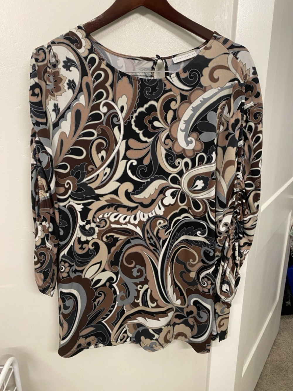 Susan Graver Paisley-Style Print Top in Black, Brown, Cream